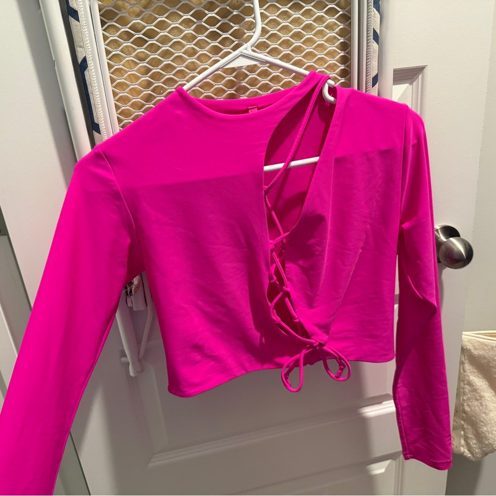 Women's Pink Long Sleeve Tie Front Top
